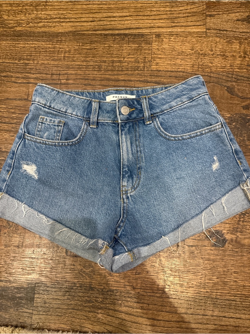 PacSun Blue Distressed High-Waist Rolled Hem Denim Shorts
